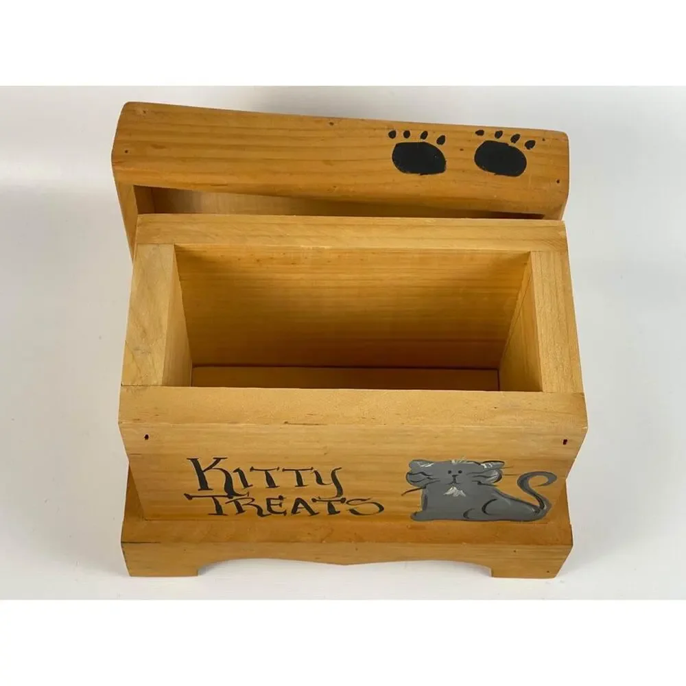 Primitive Wood Kitty Treats Cat Lidded Box; Hand Painted